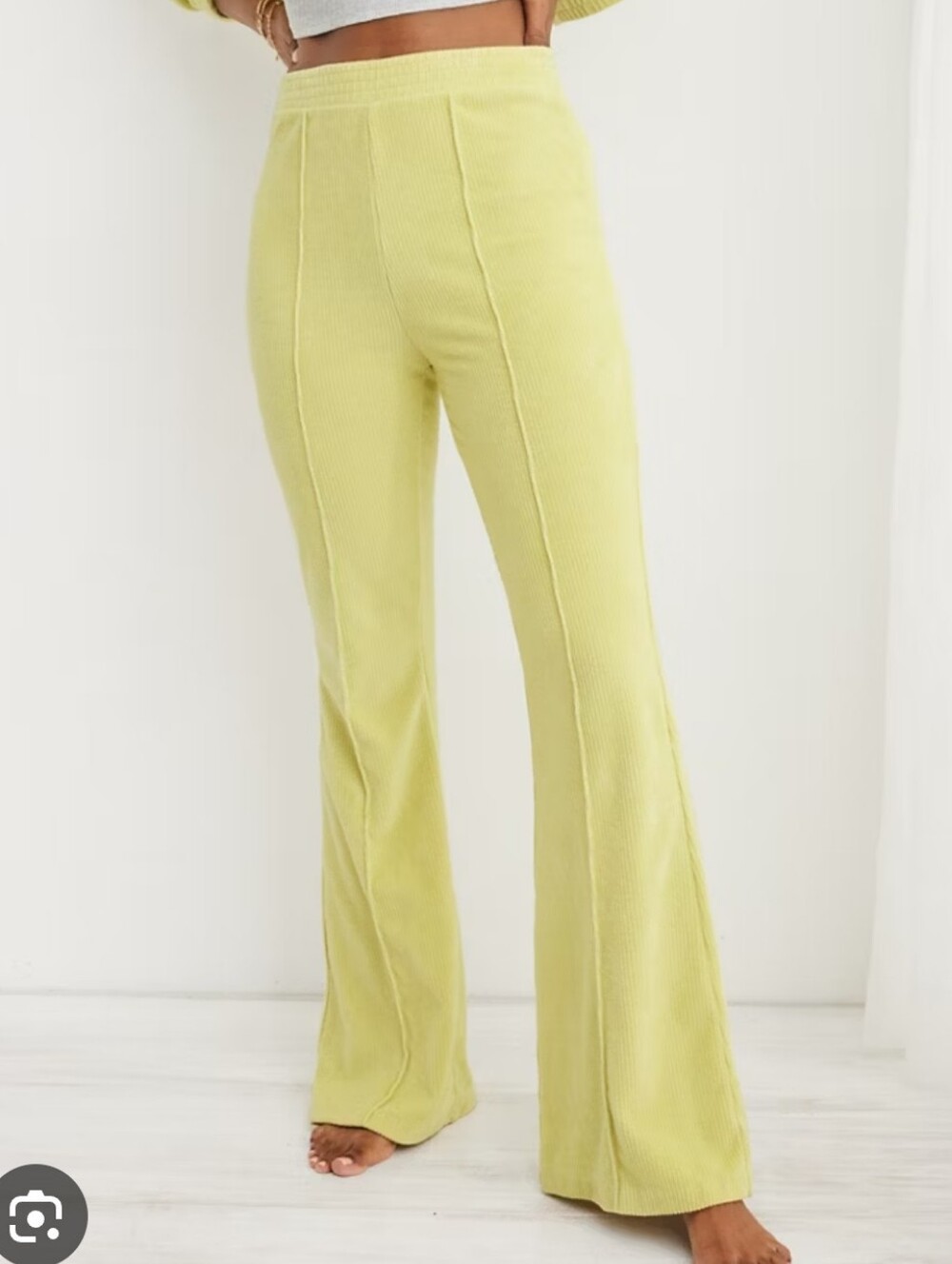Aerie Groove-On Rib Velour Flare Pant High Rise Soft Neon Yellow HAL3